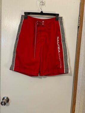 Nautica Red Swim Trunks with Gray Side Panels